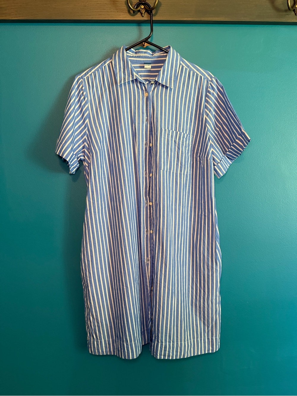 Old Navy Blue & White Vertical Stripe Button-Front Shirt Dress